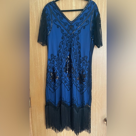 1920's Flapper Dress,  BluewithBlack Sequins, Size XXL, - Picture 3 of 5